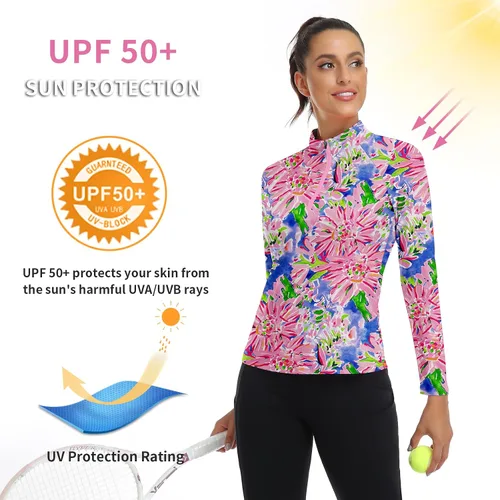 Miniatura 84 de WOWENY Camiseta deportiva de manga larga para mujer, con cremallera de un cuarto, cuello para entrenamiento, camiseta de tenis con estampado