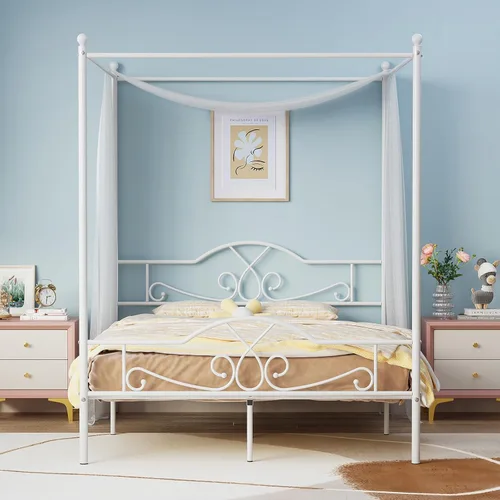 Miniatura 8 de Weehom - Estructura de cama con dosel individual, con cabecero y pie de cama, cortinas de cuatro postes de metal, diseño de plataforma de cama
