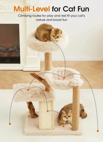 Miniatura 8 de Letkind Torre moderna para gatos de 38 pulgadas para gatos grandes de interior, perches-torre de madera maciza natural para gatos con poste rascador