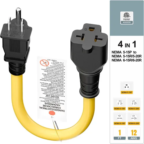 Miniatura 8 de [4 en 1] Cable adaptador de CA para el hogar de 12 AWG de 15 amperios a hoja T de 20 amperios, NEMA 5-15P a 5-15R/ 5-20R/ 6-15R/ 6-20R, adaptador