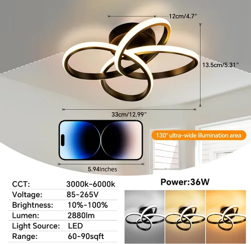 Miniatura 7 de Lámpara de techo moderna, lámpara de techo regulable LED de 36 W con control remoto, cambio de temperatura de color, pequeña lámpara de araña dorada