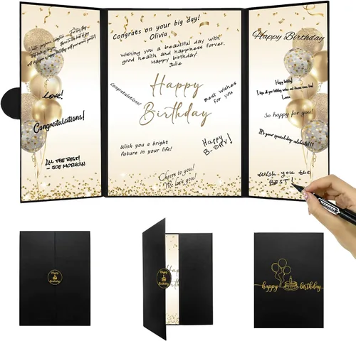 DARUNAXY Decoraciones de Fiesta de Cumpleaños Negro Dorado, Libro de Visitas Alternativo Jumbo Feliz Cumpleaños para Hombres Mujeres Brindis por 30