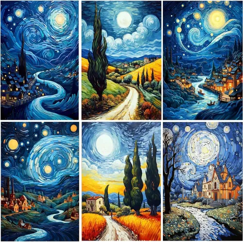 Leatrice Juego de 6 piezas de arte de diamantes de Van Gogh para adultos, pintura de diamantes redondos, kit de pintura de gemas para adultos, Van