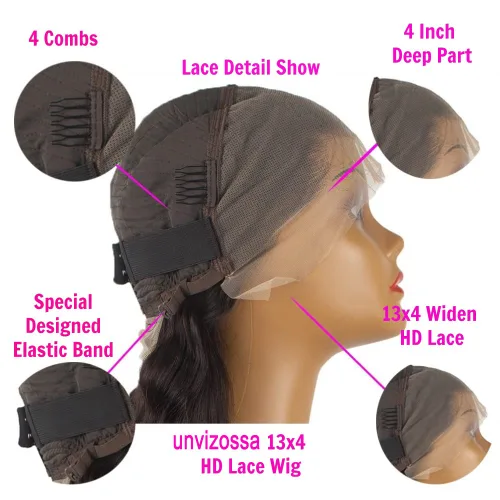 Miniatura 4 de Peluca de cabello humano brasileño lacio con encaje frontal de 13 x 4 pulgadas, transparente HD, prearrancada con abuelitos (26 pulgadas)