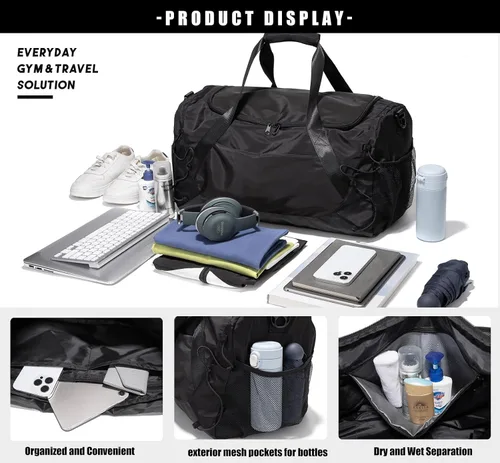 Miniatura 3 de Bolsa de gimnasio para mujeres y hombres, bolsa de lona para viajes con compartimento para zapatos y bolsillo húmedo, bolsa pequeña de mano