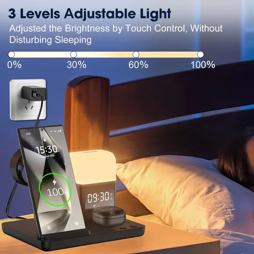 Miniatura 4 de Cargador inalámbrico para Samsung/Android, 6 en 1, estación de carga para teléfono con despertador/luz nocturna para Samsung S25/S24/S23