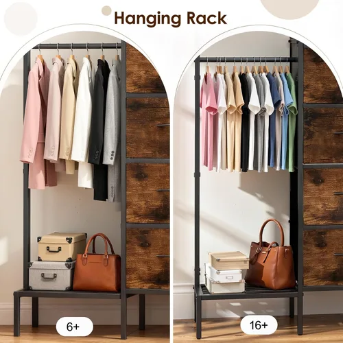 Miniatura 4 de Lewondr Cómoda con estante colgante y cajones de almacenamiento, 4 cajones con ganchos y estante, organizador de entrada rústico para accesorios