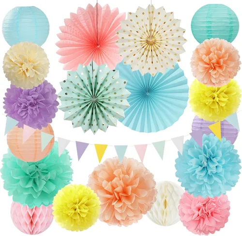 Miniatura 22 de Decoraciones de Fiesta de Navidad Rojo Verde-Blanco - 20 piezas Farolillos de Papel Mexicanos Italianos Abanicos, Pompones de Papel de Seda, Bolas