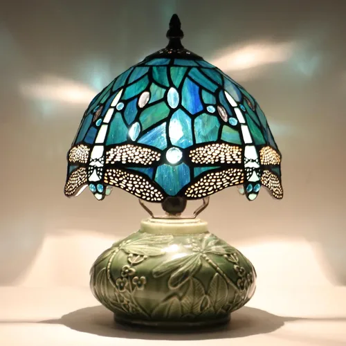 Miniatura 12 de Lámpara pequeña Tiffany de mesa con forma de hongo, mini vitral, luz de escritorio, memoria, condolencias, lámpara de cerámica, 8 x 11 pulgadas