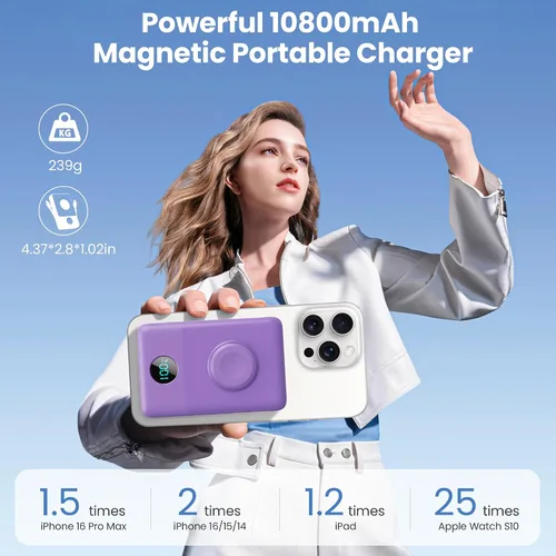 Miniatura 25 de Cargador portátil magnético de 10800 mAh para iPhone con cables integrados, cargador de batería inalámbrico 6 en 1 con cargador iWatch, pantalla LCD