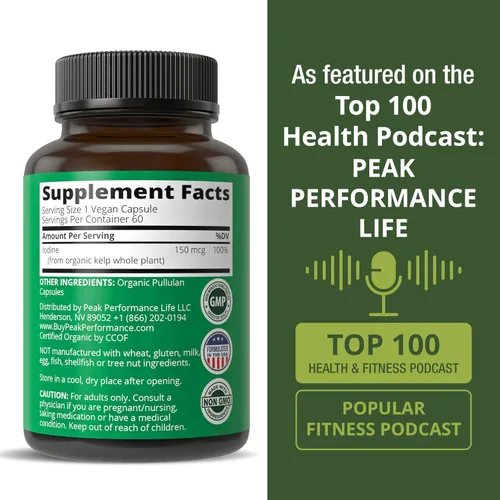 Miniatura 6 de Suplemento de yodo de alimentos integrales crudos de algas orgánicas (Ascophyllum Nodosum) de Peak Performance. Tabletas de apoyo de yoduro