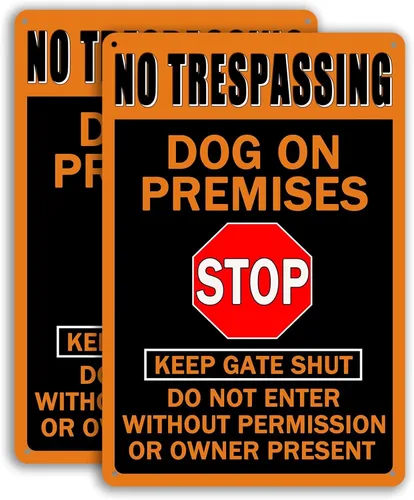 Letrero de hojalata con texto en inglés «Dog On Premises» – «Beware Of Dog For Fence, No Trespassing Warning, Stop Keep Gate Shut, Do Not Enter (2