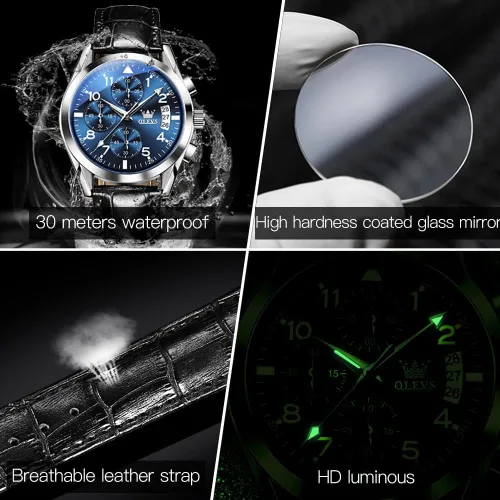 Miniatura 4 de OLEVS Relojes de hombre de cuero marrón con fecha, relojes casuales para hombre, relojes de cara grande para hombre, cronógrafo para hombre, reloj