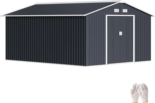 Miniatura 24 de Outsunny Cobertizo de almacenamiento exterior de 11' x 13', cobertizo de metal para herramientas de jardín con kit de cimentación, puerta con doble