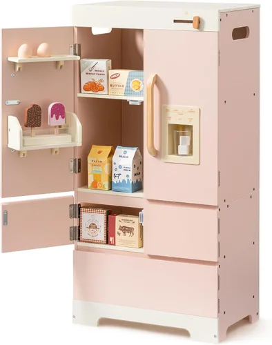 Miniatura 10 de ROBOTIME Refrigerador de madera para niños, refrigerador de cocina de juguete para niños pequeños, refrigerador de juguete con máquina de hielo