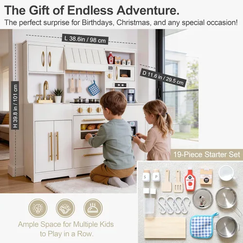 Miniatura 2 de inFUNSAME Cocina de madera para niños con luces, sonido, máquina de hielo y 19 accesorios, juego de cocina todo en uno con fregadero, horno