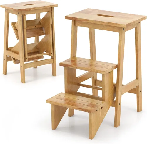Miniatura 10 de Giantex Escalera plegable de 3 niveles, taburete de madera multifuncional 3 en 1, escalera de exhibición y estante de almacenamiento para Marrón