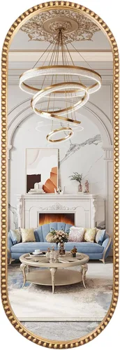 Espejo Ovalado de Cuerpo Entero, 20"x53" Marco de Metal con Cuentas Espejo Grande de Vestidor de Pie para Dormitorio, Sala de Estar, Entrada, Oro
