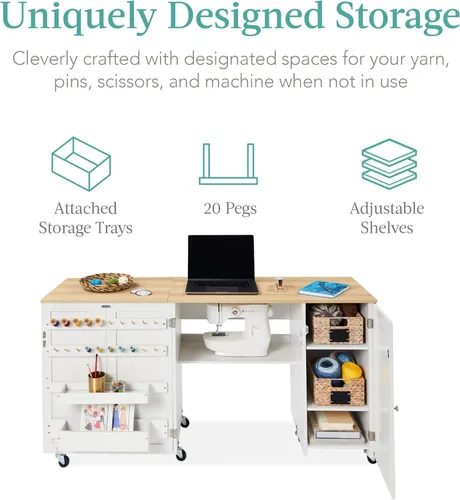 Miniatura 3 de Best Choice Products Mesa de costura plegable grande, estación de manualidades portátil multiusos y escritorio lateral con diseño compacto, ruedas