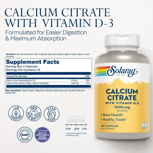 Miniatura 2 de Solaray Citrato de calcio con vitamina D3 1000 mg – Fuerza ósea y apoyo dental saludable – Fórmula de digestión suave – Verificado por laboratorio