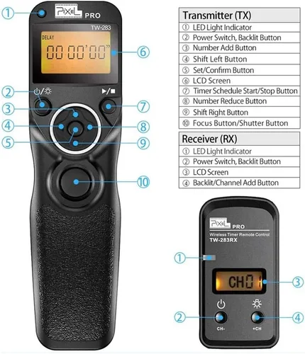 Miniatura 5 de Pixel Remote Timer TW283-L1 Temporizador de liberación de obturador remoto para Panasonic S5 S1 G95 G91 G90 G9 G10 G70 GH3 GH4 GH5 GH6 GX7 G85 G81