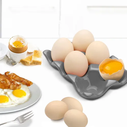 Miniatura 3 de Flexzion Organizador de huevos cerámico para nevera - Bandeja de huevos de 6 tazas, contenedor de porcelana para media docena, organizador de Gris