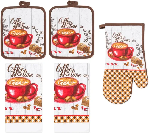 Miniatura 9 de Juego de ropa de cocina de 5 piezas, 2 toallas de algodón, 2 agarraderas, 1 guante de horno con lazo para colgar, material 100% algodón en la parte