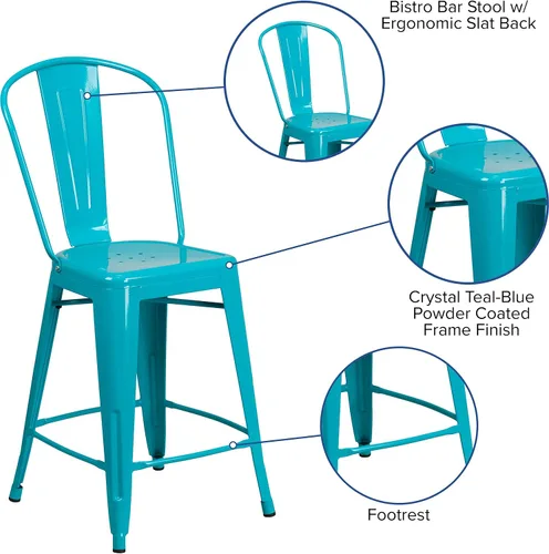 Miniatura 5 de Merrick Lane Stella - Taburete de 24 pulgadas para interiores y exteriores, taburete de metal con acabado de cristal verde azulado y azul, parte