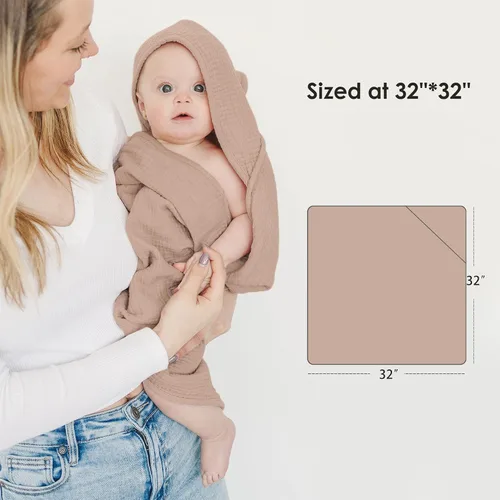 Miniatura 3 de MairMore Toallas de muselina para bebé con capucha para recién nacido, toallas de baño para bebé 100% algodón, suaves y absorbentes, toalla de bebé