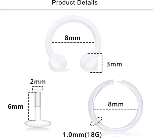 Miniatura 2 de Lcolyoli Anillos de nariz transparentes de 18 G, retenedores de piercings transparentes para el trabajo, deportes, Bioflex, Medusa, labio, labio