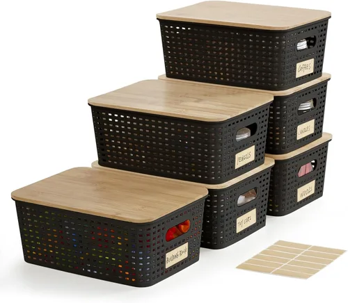 Bagnizer Contenedores pequeños de plástico con tapas de bambú de 5.2 cuartos de galón, cesta apilable para despensa, contenedores decorativos lindos