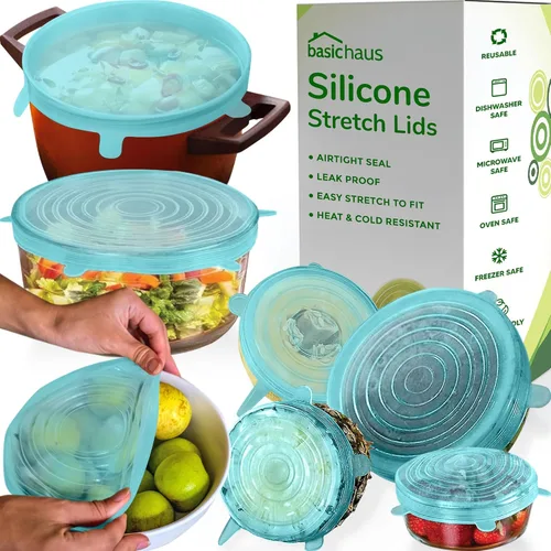 Miniatura 10 de Tapas de silicona para almacenamiento de alimentos, paquete de 5, 5 tamaños, de grado alimenticio, fundas de silicona reutilizables para ollas