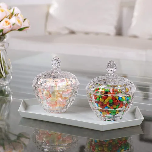 Miniatura 5 de ComSaf Plato de cristal para dulces con tapa, tarros pequeños de 9 onzas con tapa para escritorio de oficina, plato de dulces cubierto