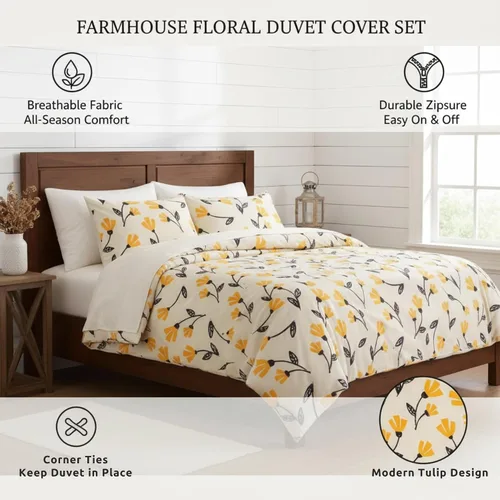 Miniatura 9 de DaDa Bedding - Juego de funda de edredón floral de flores amarillas, naranja dorado, tulipanes brillantes, flores de jardín botánico, marfil, beige