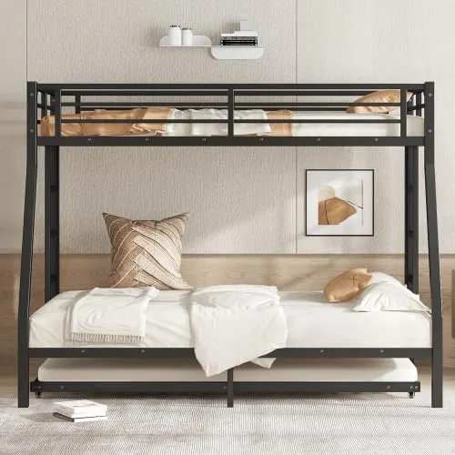 Miniatura 3 de Litera de metal con cama nido, marco de litera individual sobre matrimonial con 2 escaleras laterales y patas más gruesas, color negro