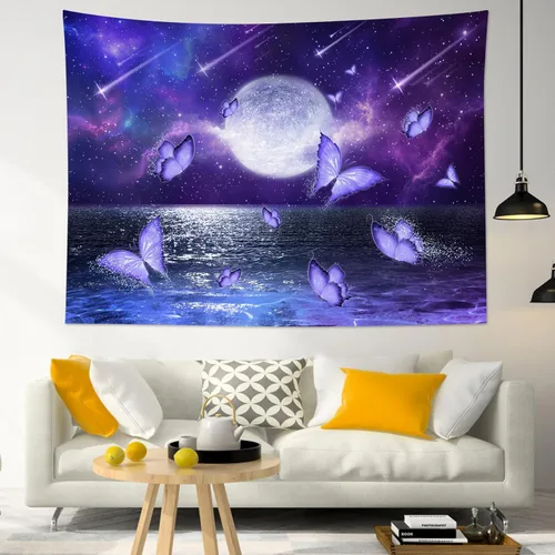 Miniatura 15 de LB Tapiz pequeño de luna llena sobre océano, tapiz psicodélico de mariposa verde azulado, tapiz de cielo nocturno estrellado y luna y estrellas