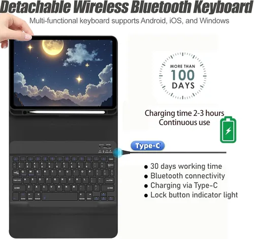 Miniatura 4 de Funda de teclado para Samsung Galaxy Tab S10 Lite / S10 FE / S9 FE / S9 10.9-11 pulgadas - Ratón y teclado desmontable, funda protectora delgada