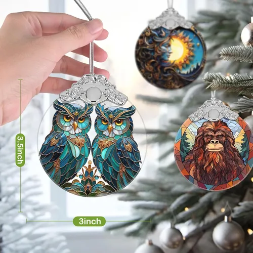Miniatura 3 de Adorno de Navidad, Adornos 2025 para Árbol de Navidad, Adorno Colgante de Vidrio Emplomado, Adornos Navideños, Idea de Regalo Única - Un Par de Búhos