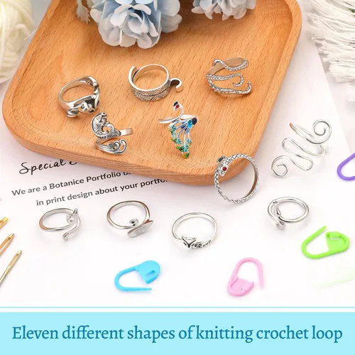 Miniatura 3 de 11 Piezas Anillos de Ganchillo, Anillos de Tensión de Tejido Ajustables, Anillos de Hilo con Bucle para Dedos, Anillo de Ganchillo para Dedo, Guía