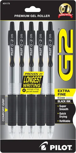 Bolígrafos Pilot G2 Premium de Gel, punta extra fina de 0.5 mm, bolígrafos de gel negros, paquete de 5 - Ideal para la escuela, escritura en diarios
