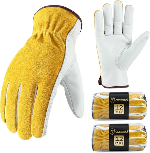 Miniatura 10 de OZERO Guantes de trabajo de piel de vaca con agarre flexible para cortar madera, construcción, conducción de camiones, jardín/patio para trabajo Oro