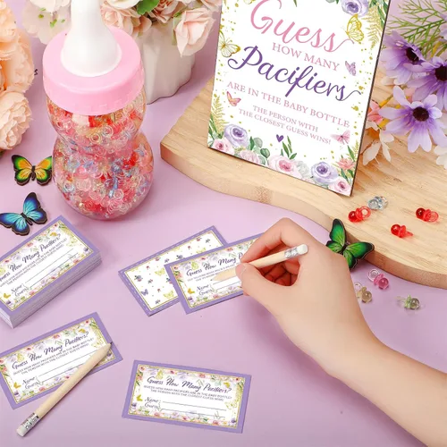 Miniatura 5 de Syhood Butterfly Baby Shower Games Guess How Many Chupetes Cartel de juego 50 pequeños juegos de adivinanzas, 20 lápices HB, botella de leche
