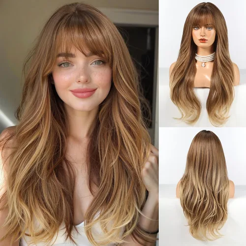 Miniatura 14 de HAIRCUBE Peluca larga rubia mezclada con marrón con flequillo, pelucas rizadas en capas para mujeres, pelucas sintéticas naturales para uso diario