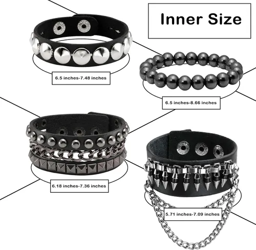Miniatura 2 de Eigso Pulseras de cuero punk para hombres y mujeres, estilo retro de los años 80, hematita y rock, juego de pulseras de metal ajustables para hombre