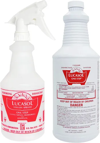 Lucasol Desinfectante One Step, desinfectante de 32 onzas líquidas y botella de spray recargable vacía de 24 onzas. Spray desinfectante limpiador