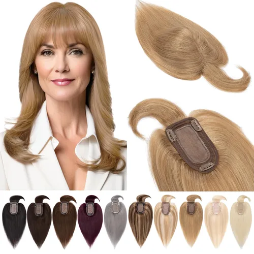 Miniatura 22 de SEGOHAIR Toppers de cabello humano real con flequillo, 2.8 x 5.1 in, base de seda con clip, piezas superiores de Wiglet añaden volumen, 6 pulgadas