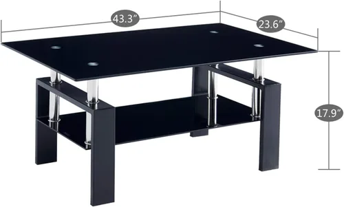 Miniatura 3 de Mesa de centro rectangular de cristal negro de 43.3 pulgadas, mesa de centro transparente, mesas centrales laterales modernas para sala de estar