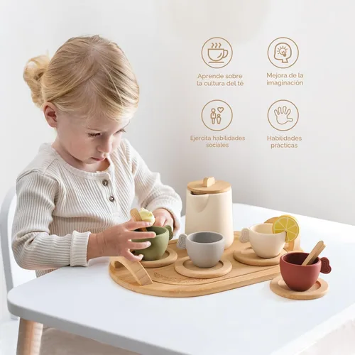 Miniatura 8 de Juego de té de madera Youuys para niños pequeños de 3 a 5 años, juegos de té para niñas pequeñas de 4 a 6 años, 14 piezas de accesorios de cocina
