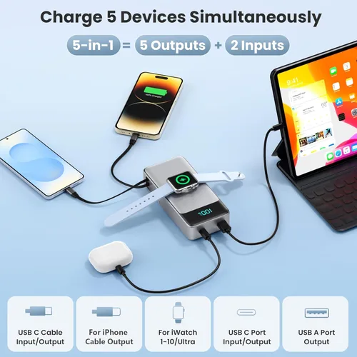 Miniatura 3 de Cargador portátil 5 en 1 para iPhone, banco de energía de 40800 mAh con cable retráctil incorporado y cargador para iWatch, paquete de batería