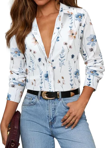Miniatura 15 de siliteelon Camisas con botones para mujer, camisa de vestir de algodón de manga larga con cuello, camisa de negocios, trabajo, oficina, blusa